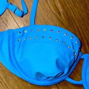 Blue Iridescent Rhinestone Bikini Swimsuit Top